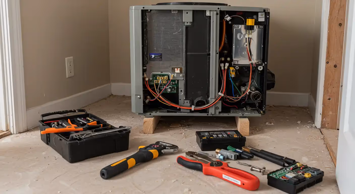  A central air conditioning or HVAC unit is being installed or repaired indoors, likely in a closet or utility area, shown partially disassembled with its grey metal casing open. The unit is elevated slightly on wooden blocks and surrounded by various tools on the light-colored floor, including a black toolbox, a yellow and black multimeter, red-handled wire cutters or strippers, and several electronic components or circuit boards.
