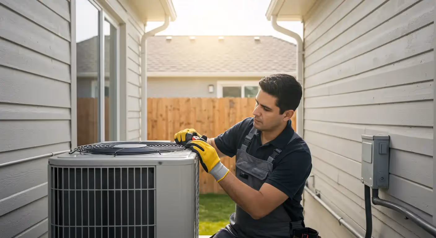 A technician wearing a black shirt, grey overalls, and bright yellow gloves inspects a residential air conditioning (AC) unit outside a house. The technician is kneeling next to the large, gray, square AC condenser unit, holding a measuring tape. The scene is outdoors between two buildings, with a wooden fence and grassy area in the background under bright sunlight.