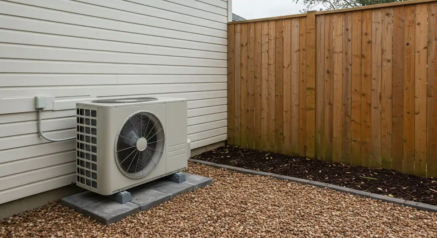 An outdoor heat pump unit on a gravel bed next to a white house and a wooden fence.