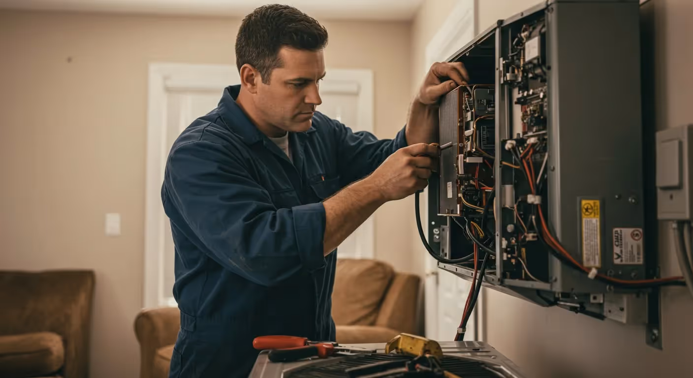 Man repairing electrical equipment in house.