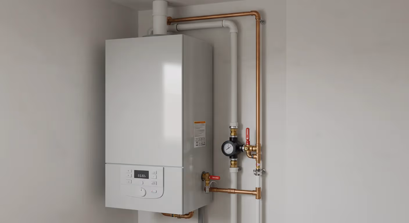 A white wall-mounted boiler with exposed copper pipes, a pressure gauge, and a digital display showing "55.5°".