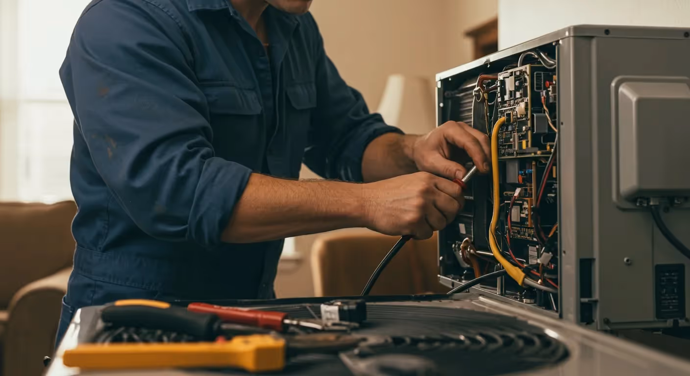Technician fixing complex wiring in control panel.