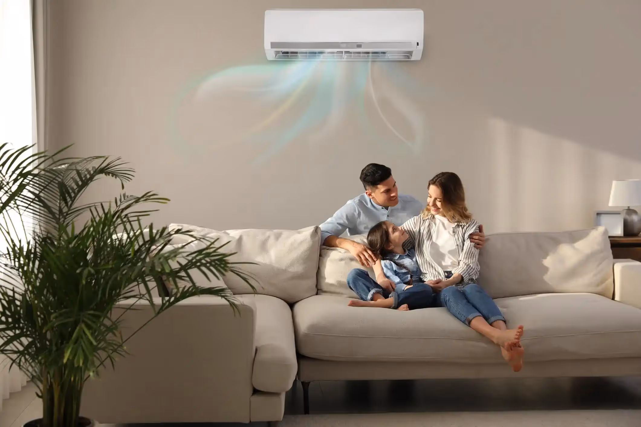 A family of three is smiling and sitting together on a sofa, with an animated flow of cool air shown coming from the wall-mounted air conditioner above them.