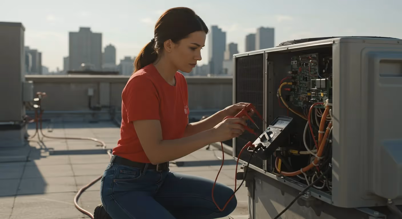 Woman using multimeter on rooftop unit.