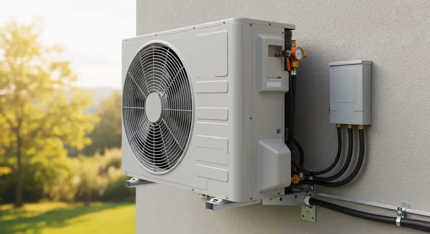 A modern, light gray outdoor heat pump unit mounted on a gray exterior wall. The unit features a large fan grille on the side and is connected by black insulated refrigerant lines and electrical conduit that run neatly along the wall to a gray electrical disconnect box. A pressure gauge is visible on the unit's right side. The background shows a sunny, green garden and trees.
