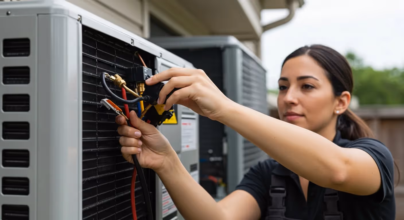 Technician adjusting refrigerant gauges on AC.