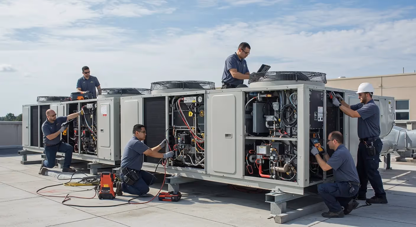 Technician servicing electrical panel on AC.