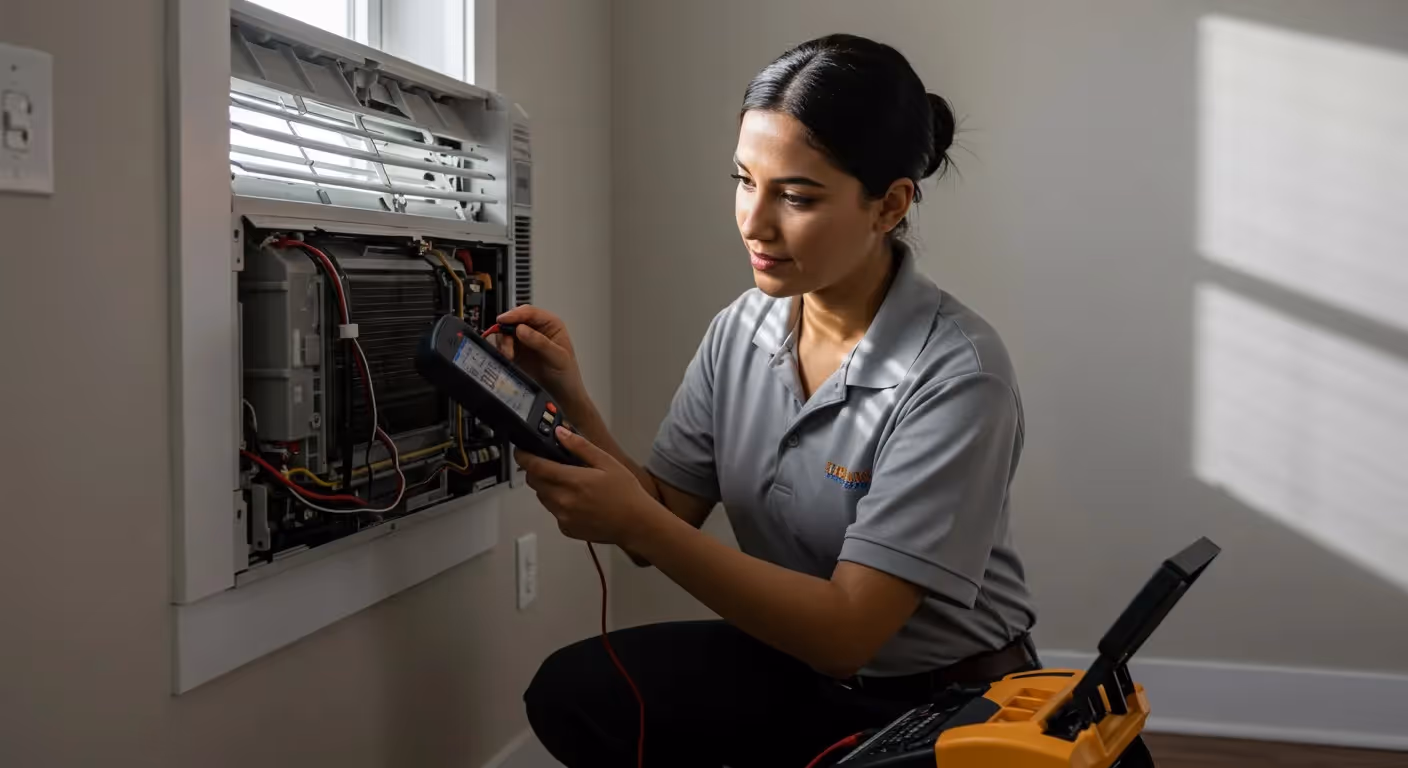 HVAC technician servicing AC unit outdoors.