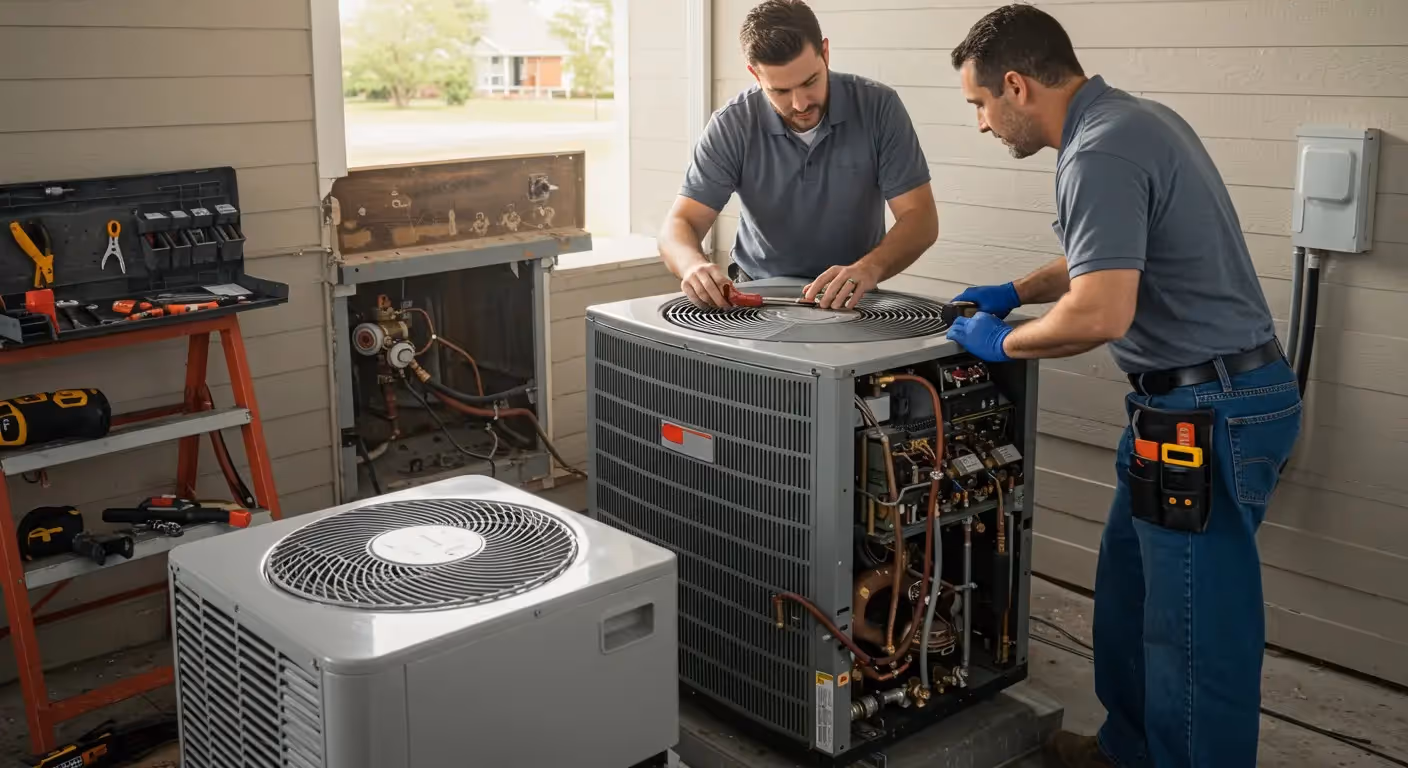 HVAC technicians servicing commercial rooftop units.