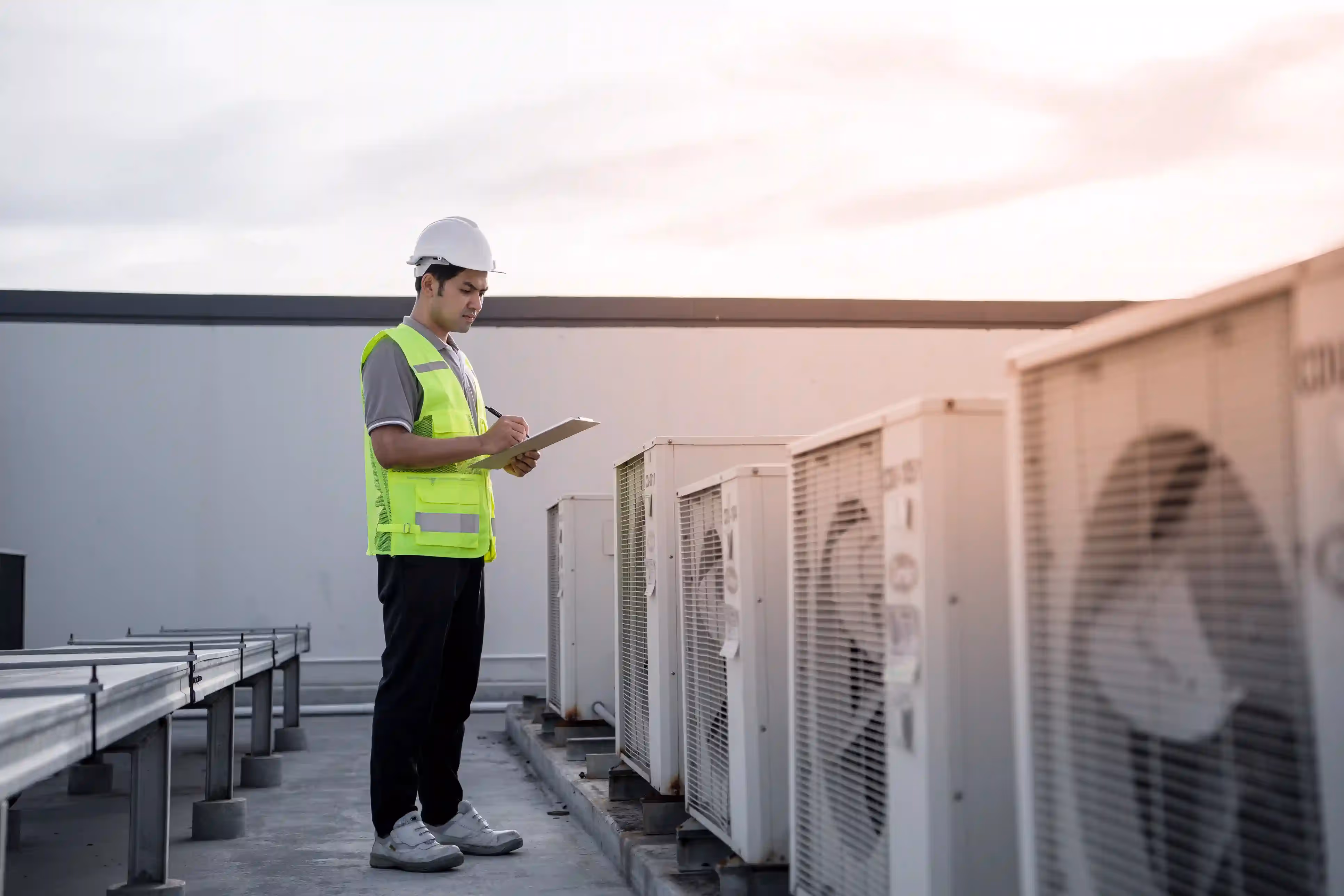 A technician wearing a white hard hat and a high-visibility yellow-green safety vest stands on a rooftop, writing on a clipboard while inspecting a row of commercial AC outdoor units.