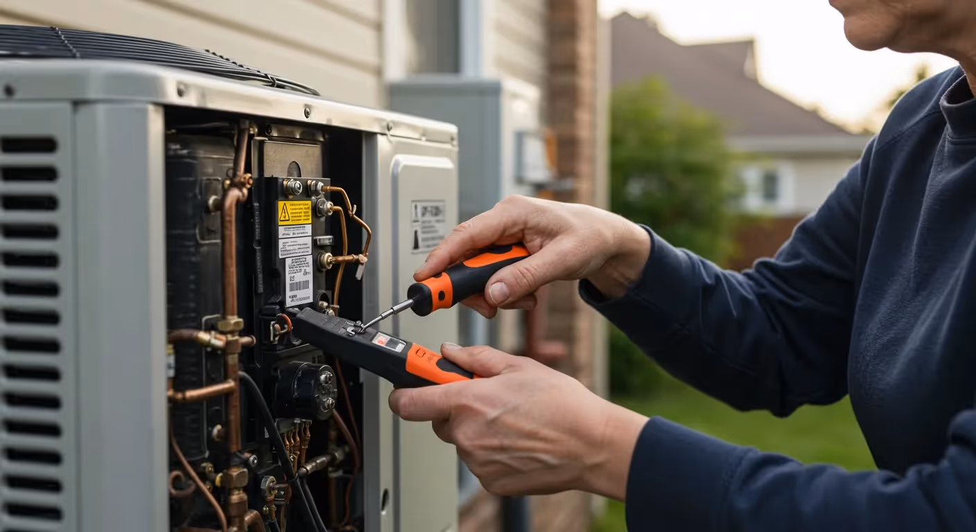 Technician repairing an outdoor heat pump unit.