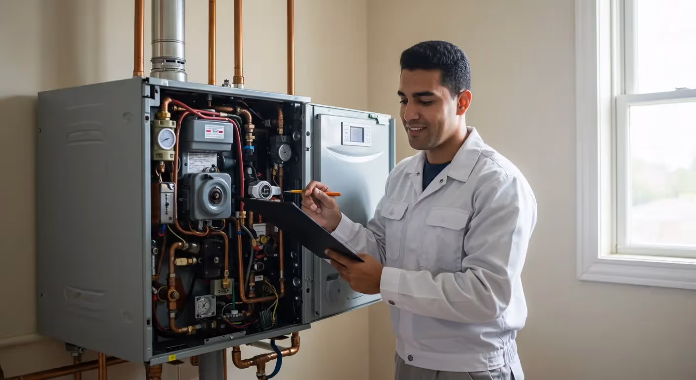 Man inspecting complex interior boiler system.