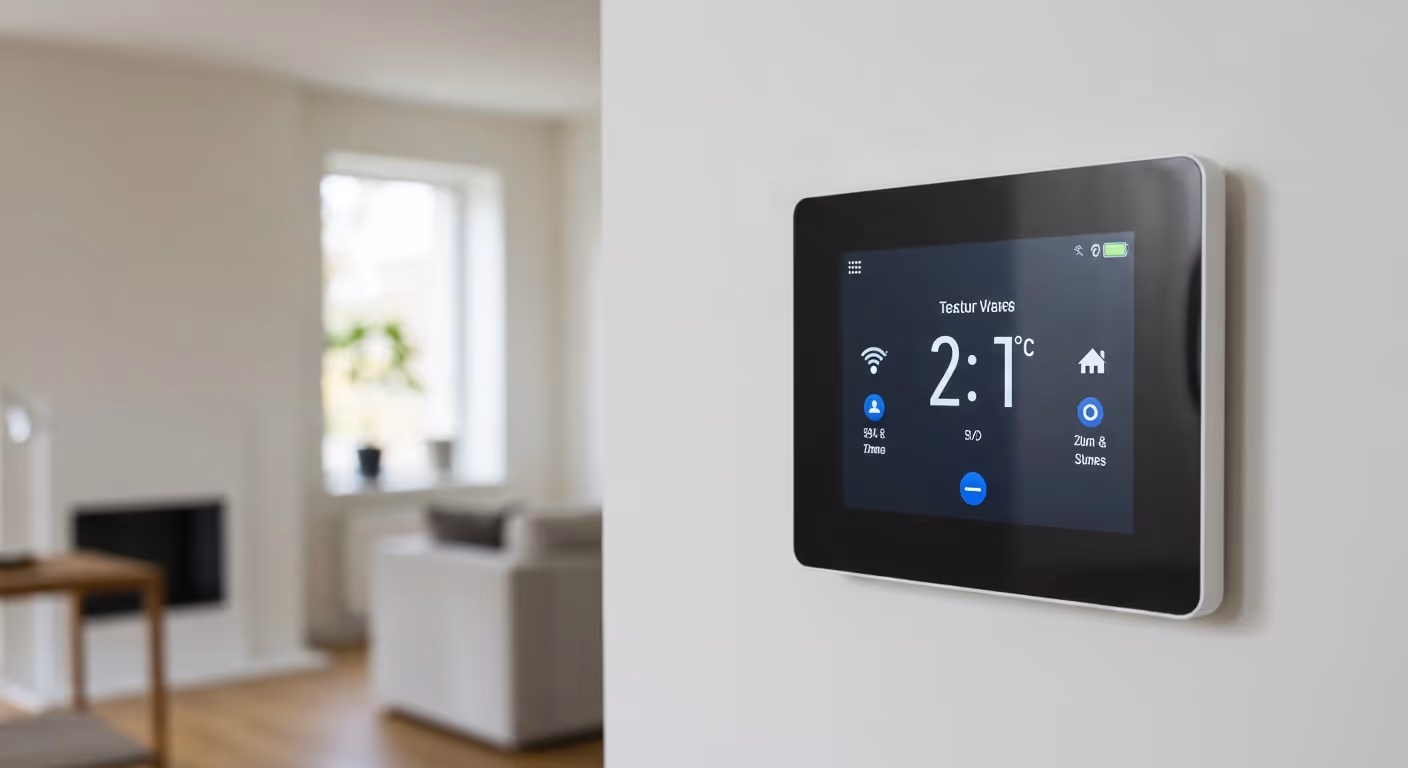 Smart thermostat mounted on a white wall in a modern living room setting.