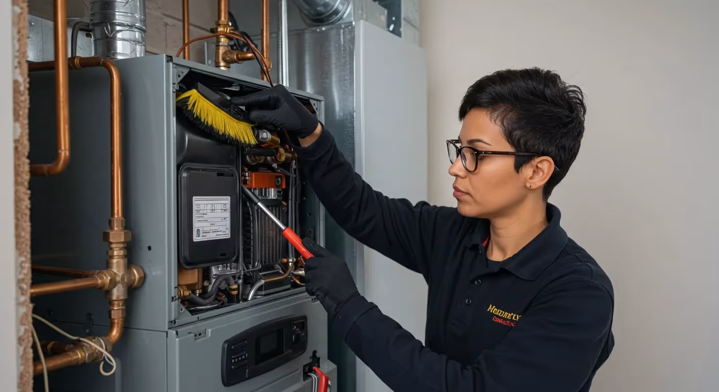 Technician performing maintenance on a boiler.
