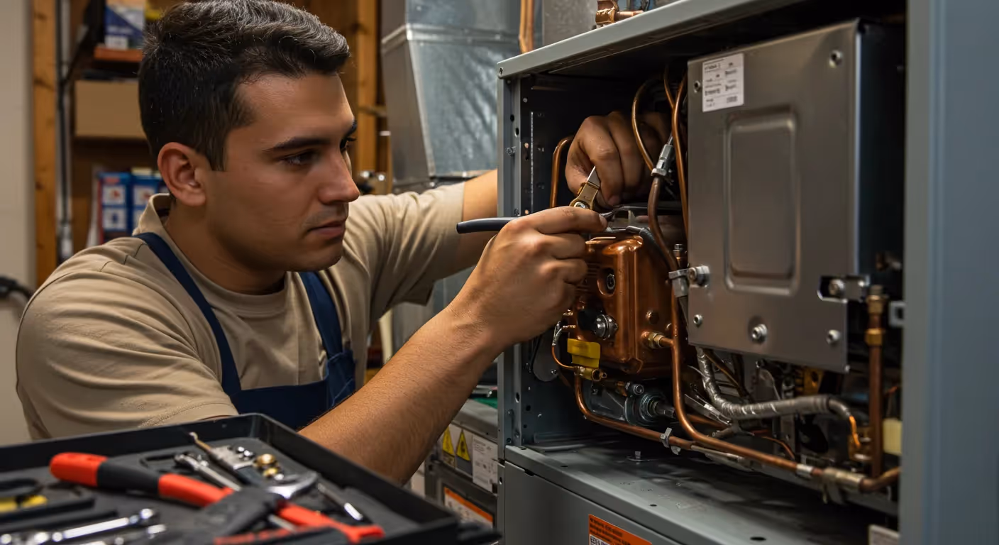 A technician in a tan shirt and blue apron is focused on performing maintenance or repair inside the open panel of a gas or electric furnace. The image shows copper tubing and various internal components, with a toolbox containing various hand tools visible in the foreground.