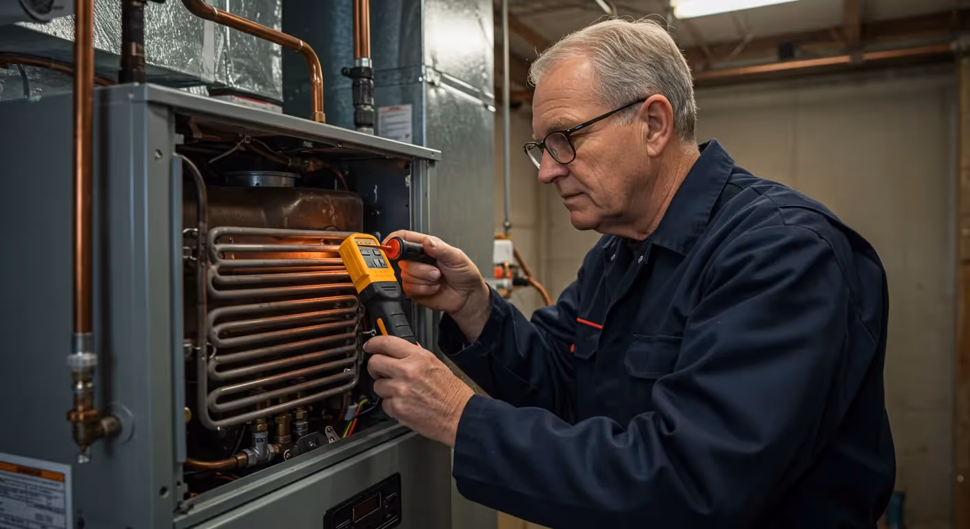 Technician repairing complex residential boiler system.