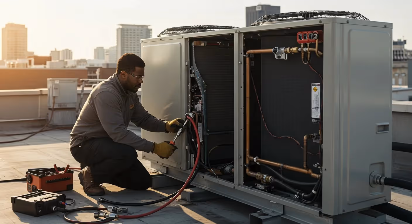 HVAC technician connecting gauges to unit.