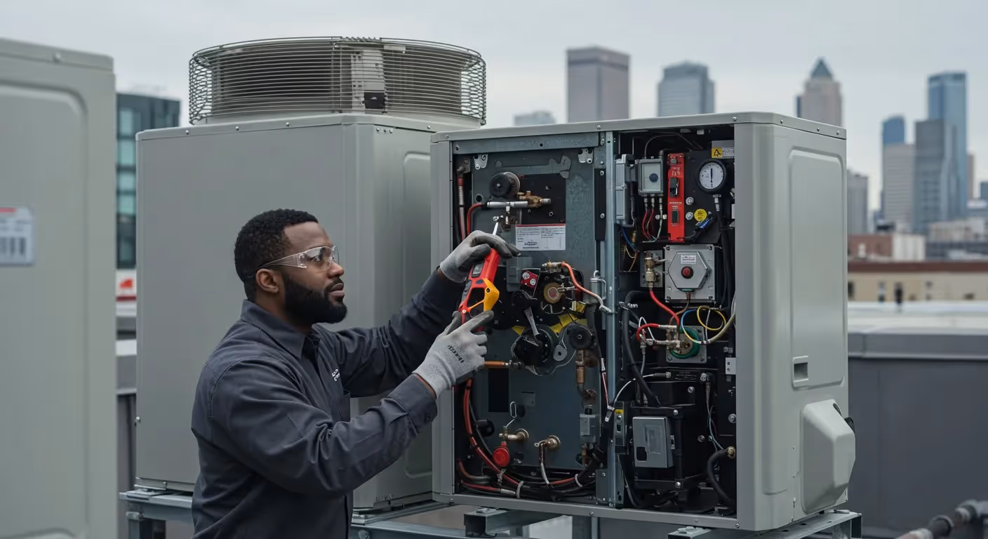 HVAC technician troubleshooting rooftop unit.