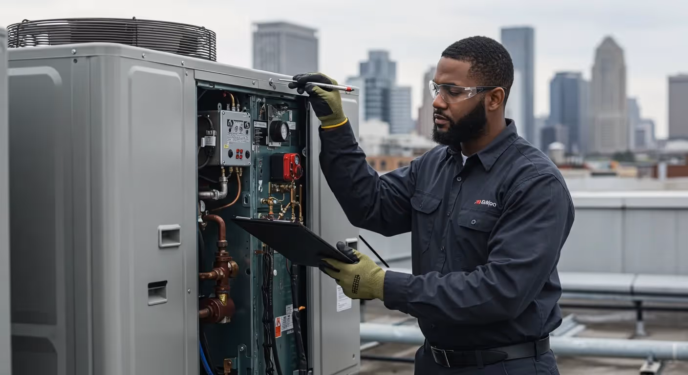 HVAC technician troubleshooting rooftop unit wiring.