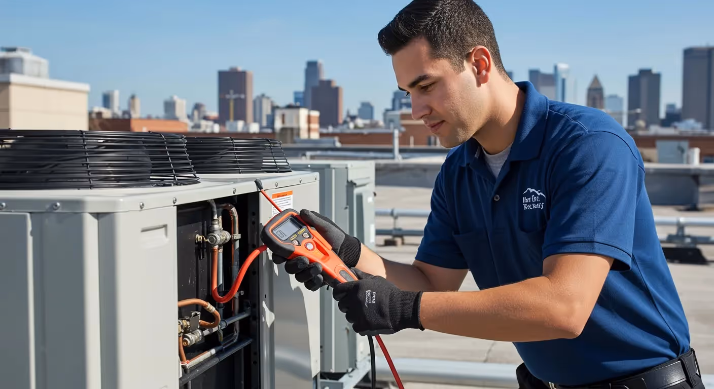 HVAC technician checking unit electrical connections.