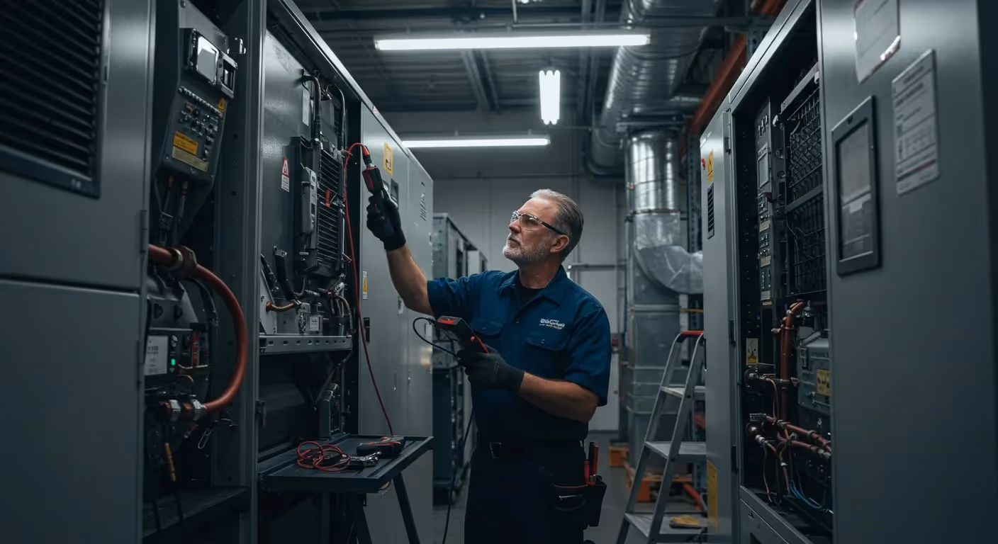 HVAC technician checking unit components.