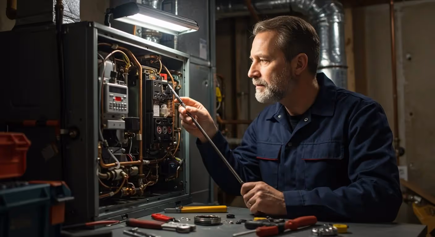  A man with a salt-and-pepper beard, wearing a dark blue work uniform, is leaning over an open HVAC unit and pointing at a circuit board and piping with a long tool . The unit's internal components, including copper pipes and wiring, are exposed and brightly lit from above. Various tools are laid out on a table in the foreground.