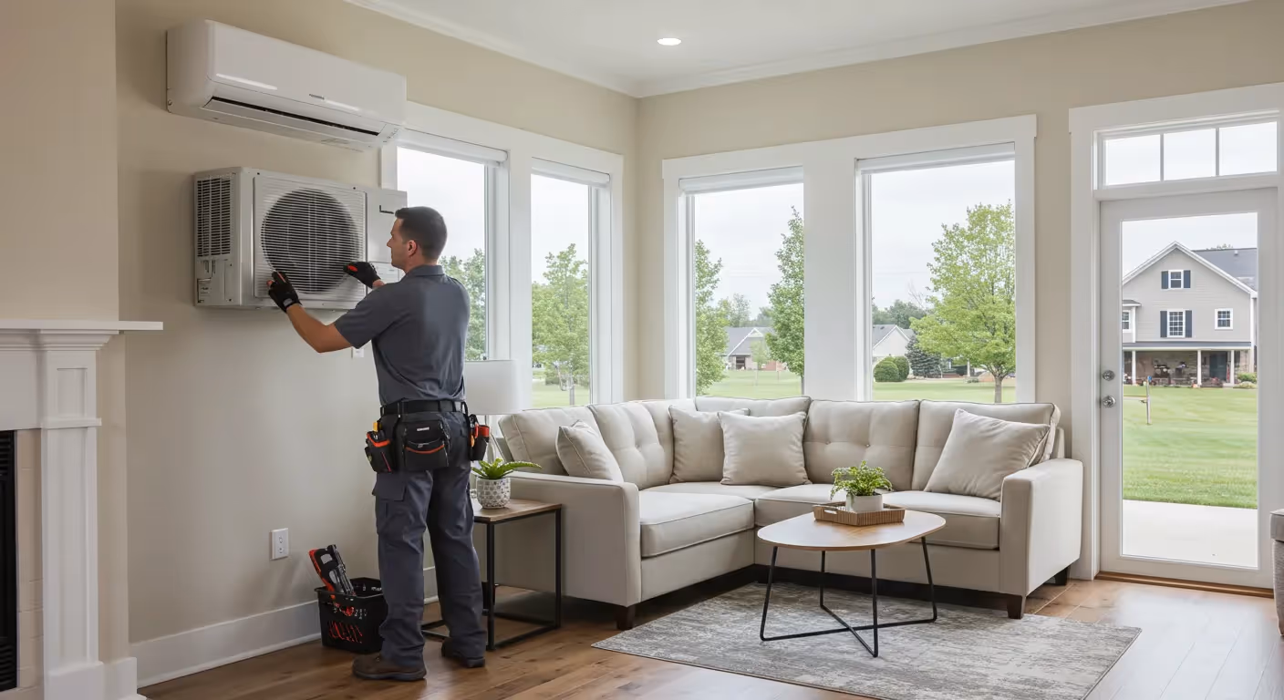  A professional HVAC technician wearing a tool belt and gloves services the indoor unit of a white ductless mini-split air conditioner mounted on a light beige wall in a modern living room. The room features a large beige sectional sofa, a small wooden coffee table, and several tall windows looking out onto a green lawn and a two-story house.