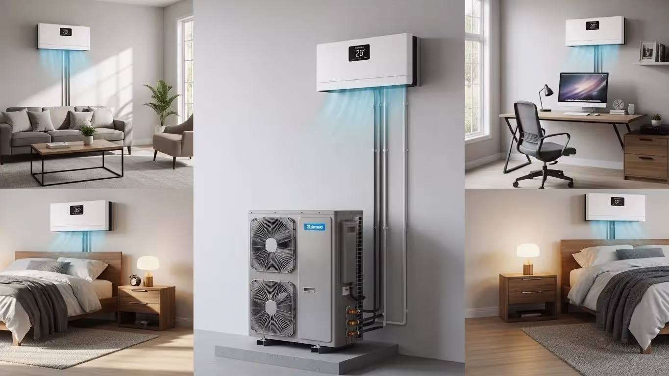 Collage of modern rooms featuring a sleek air conditioner, displaying temperature settings and cool air flow in living, work, and bedroom spaces.