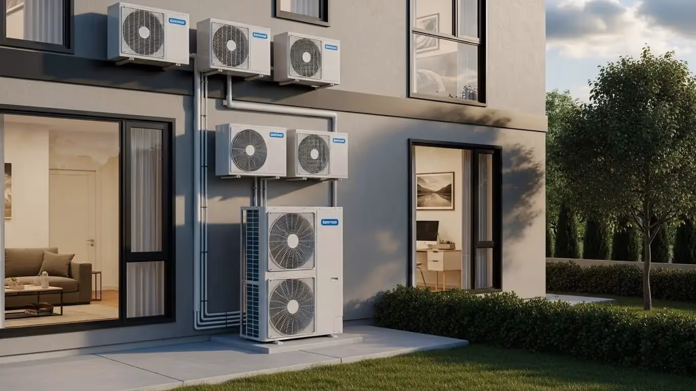 Five outdoor air conditioning units mounted on a modern house exterior, with a view of an interior room through a large window.