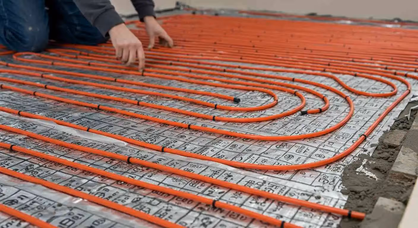 A person is on their knees, adjusting or laying down bright orange PEX tubing (cross-linked polyethylene) in a serpentine pattern across a floor area.