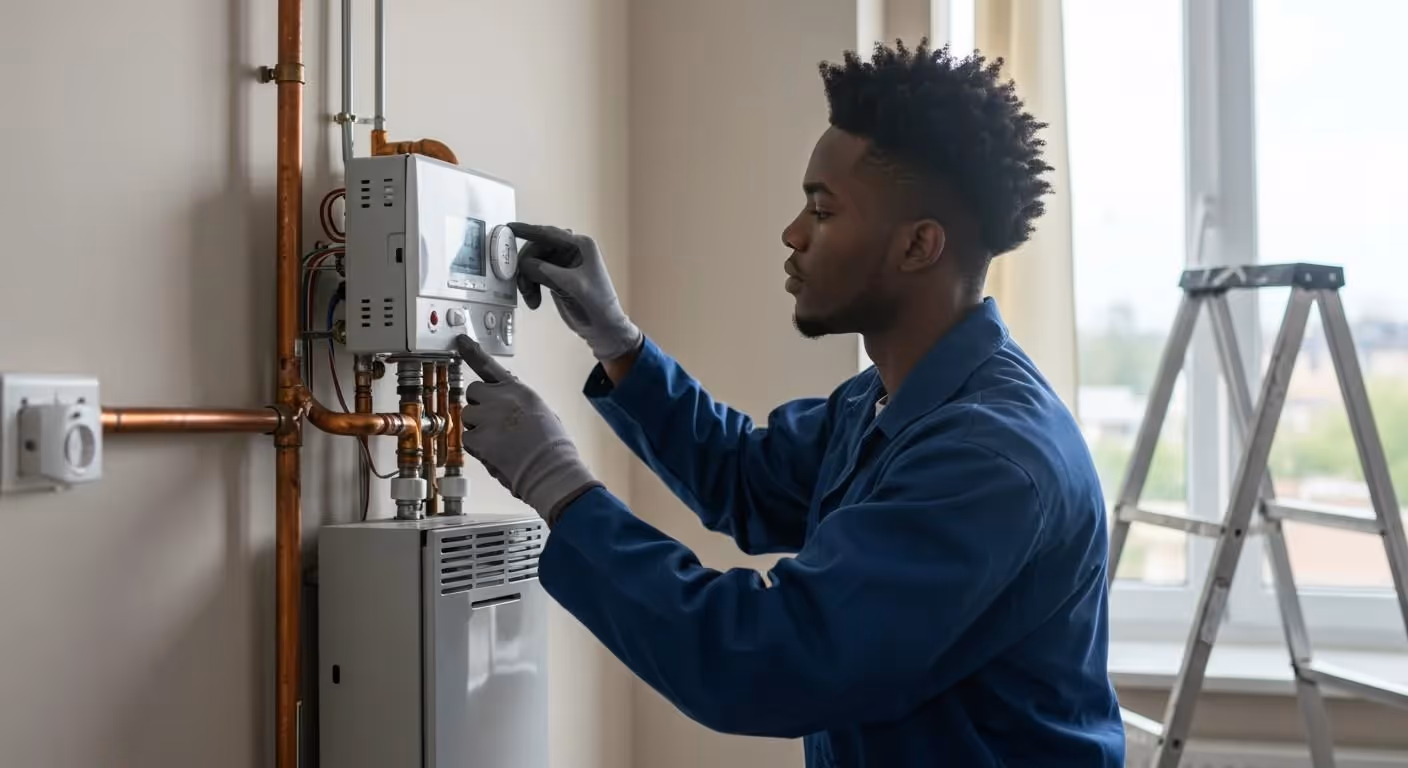 A technician in a blue jumpsuit and grey gloves is adjusting the controls on a wall-mounted water heater or boiler system. The unit is connected to copper pipes running vertically along a light-colored wall, with a ladder visible near a window.