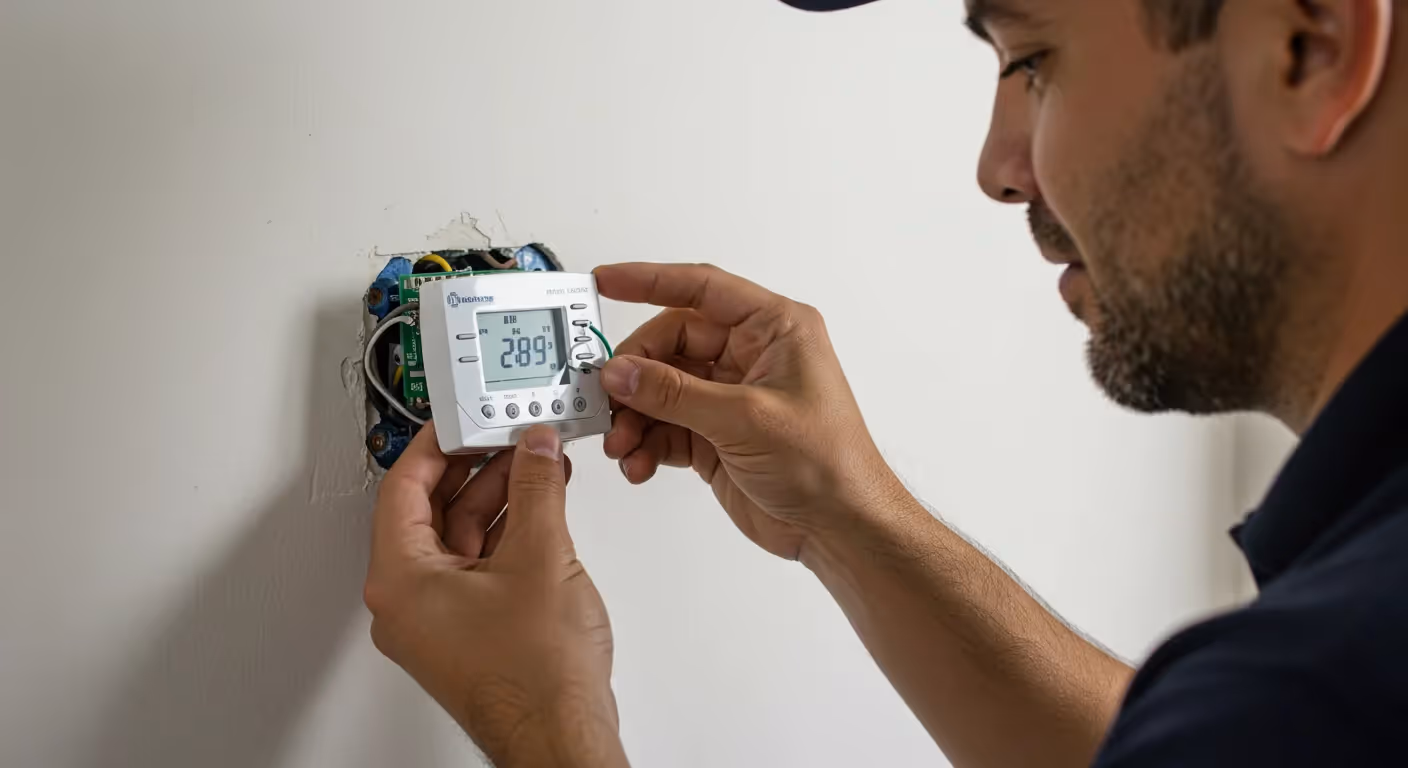 An image showing a man, likely an HVAC professional, connecting the faceplate of a digital thermostat to its base plate on a wall. The thermostat is white, has an LCD screen displaying "28.9" (likely the current temperature), and the wiring is visible in the wall opening behind the base plate.