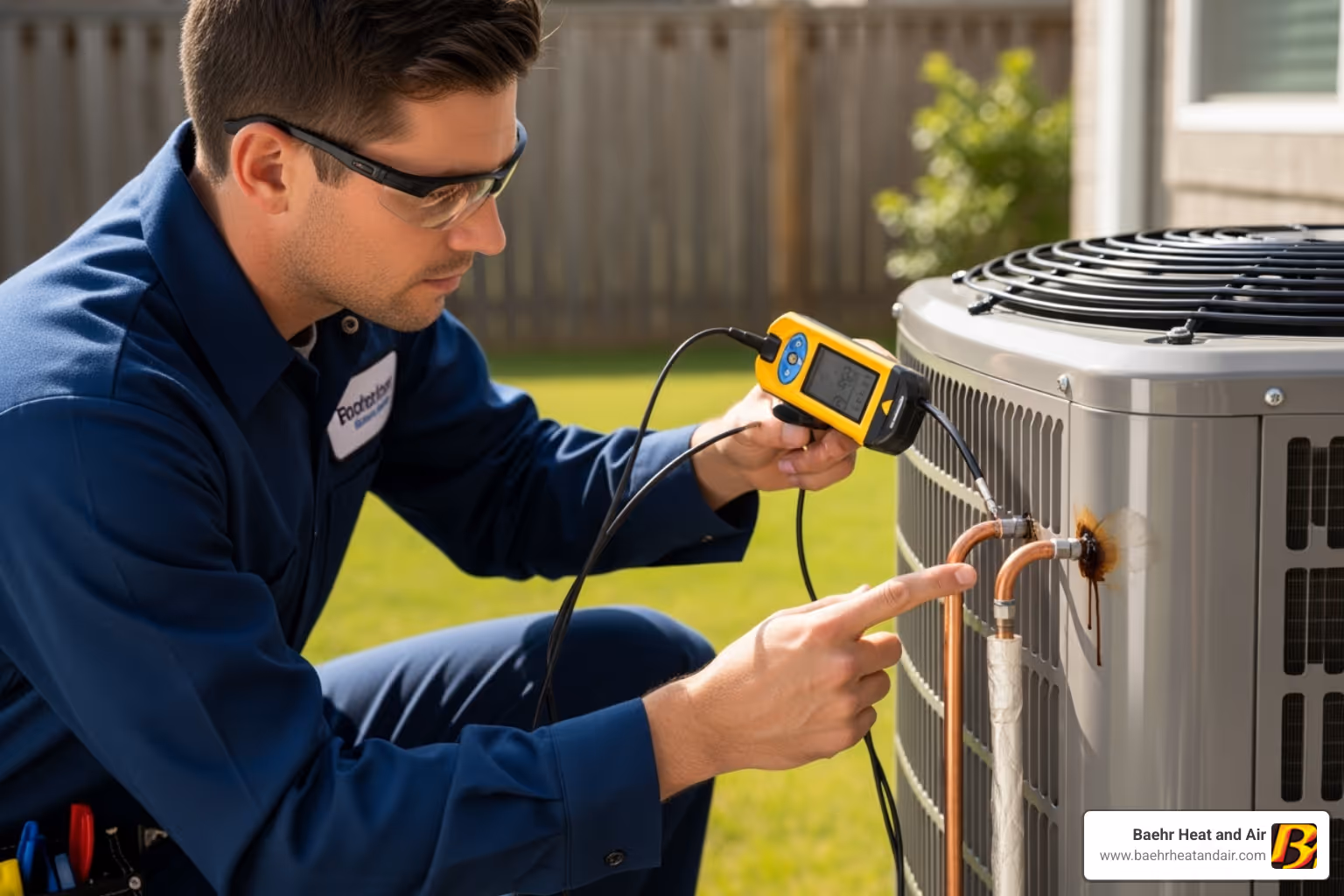 technician checking AC lines for leaks - lincoln air conditioning