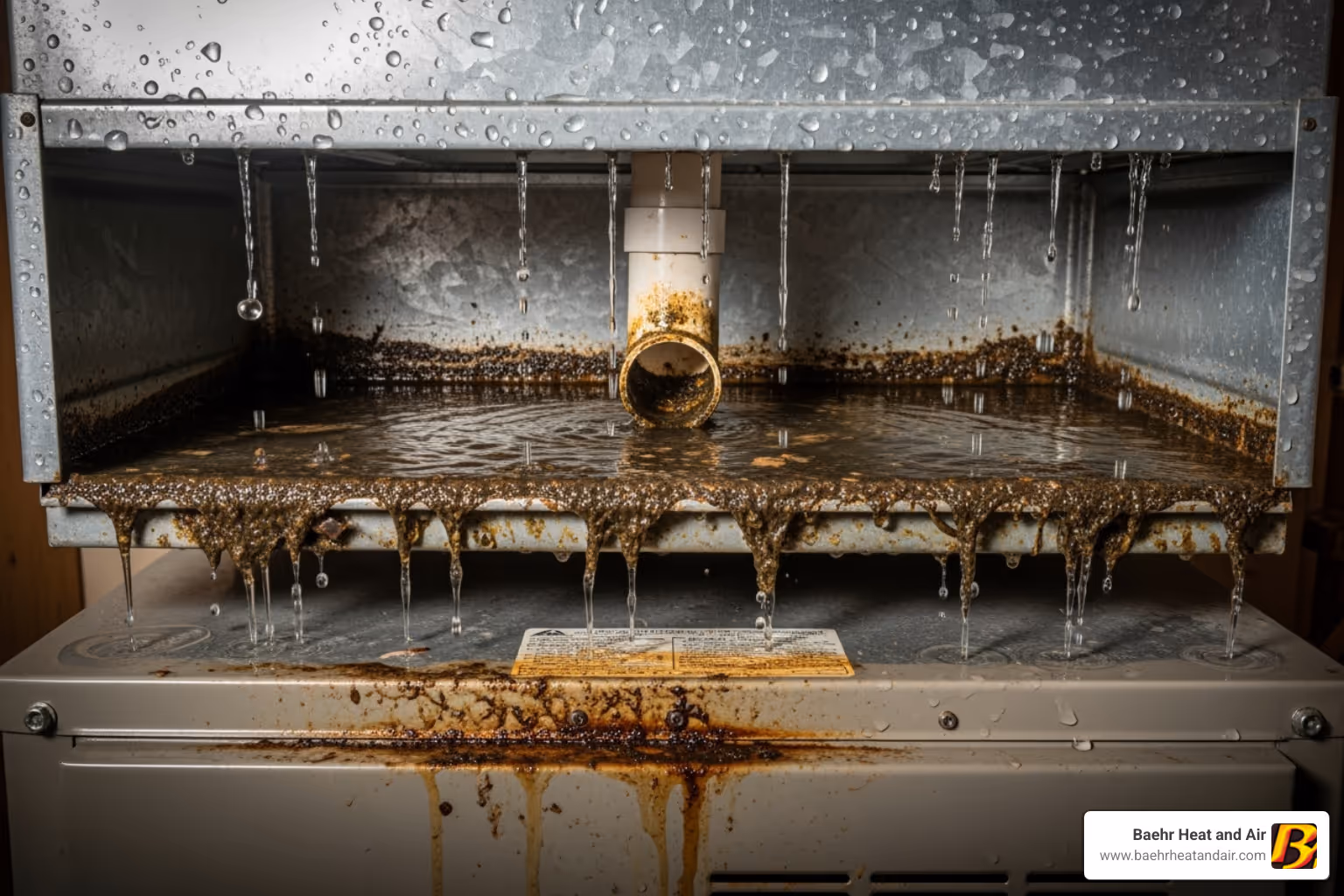 clogged and overflowing AC drain pan located above a furnace - Furnace leaking water