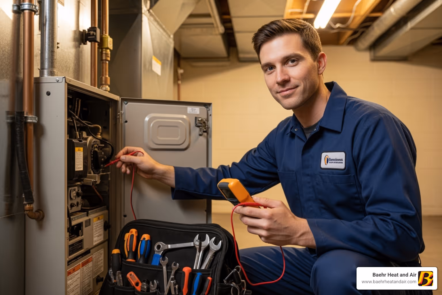 friendly HVAC technician performing a tune-up - Heating system broken