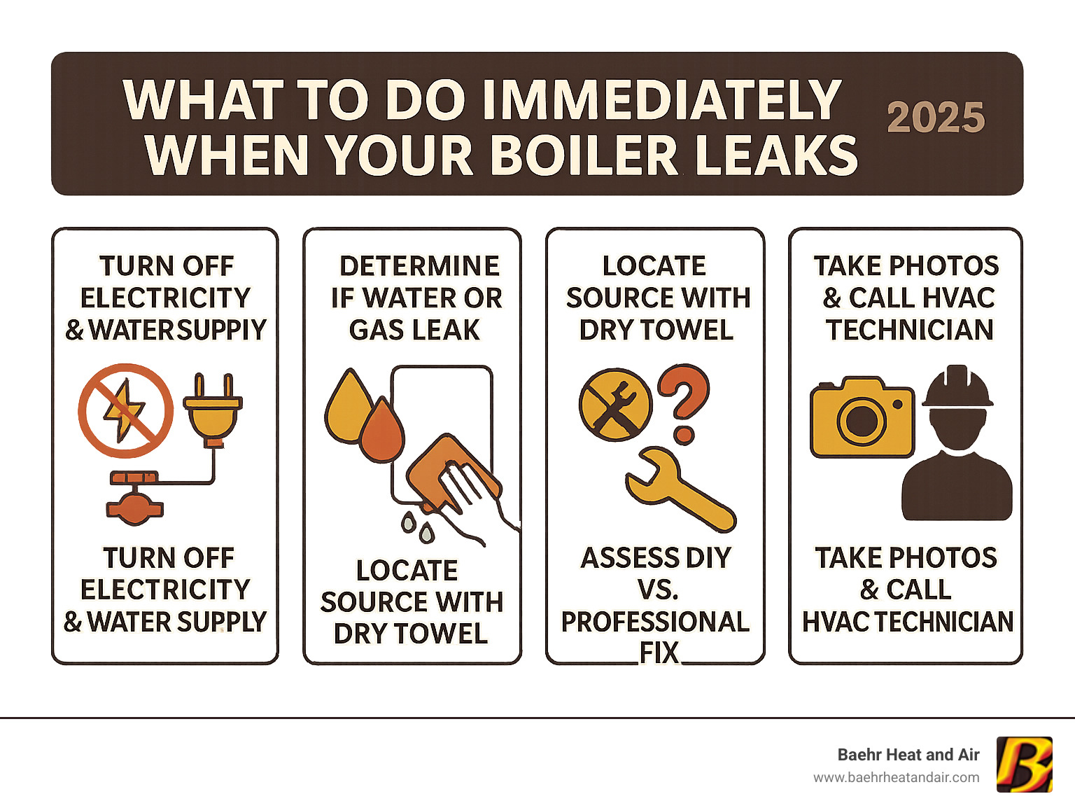 Infographic showing immediate steps when finding a boiler leak: 1. Turn off electricity and water supply, 2. Determine if leak is water or gas, 3. Locate source with dry towel method, 4. Assess if DIY fix or professional help needed, 5. Take photos and call licensed HVAC technician for complex repairs - boiler water leak infographic