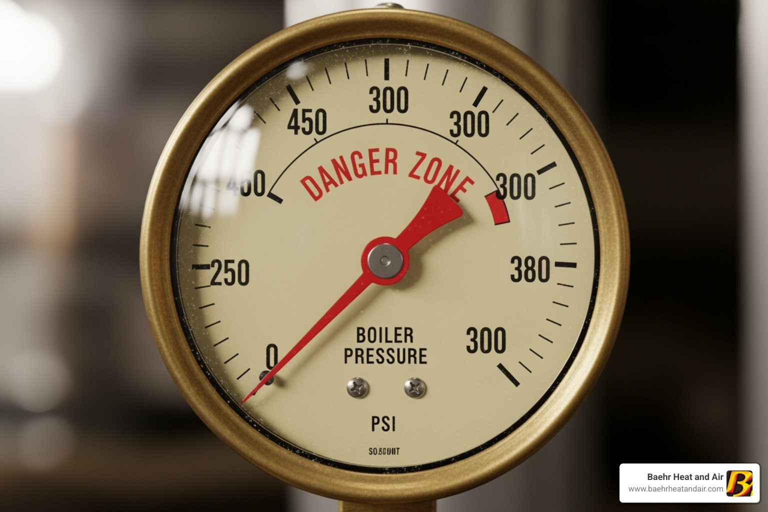 Boiler pressure gauge with the needle in the red zone - boiler water leak