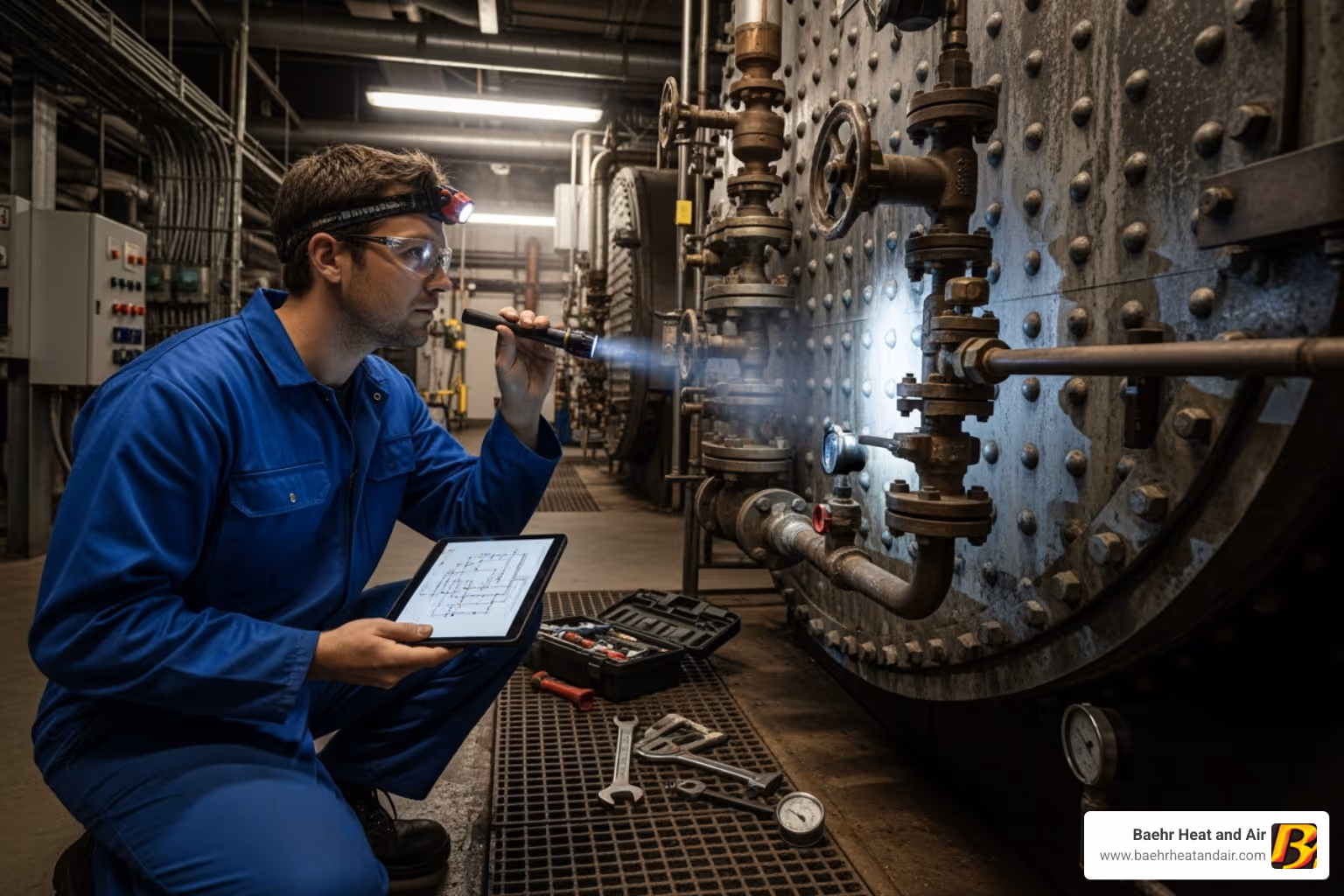 A professional technician inspecting a boiler - boiler water leak