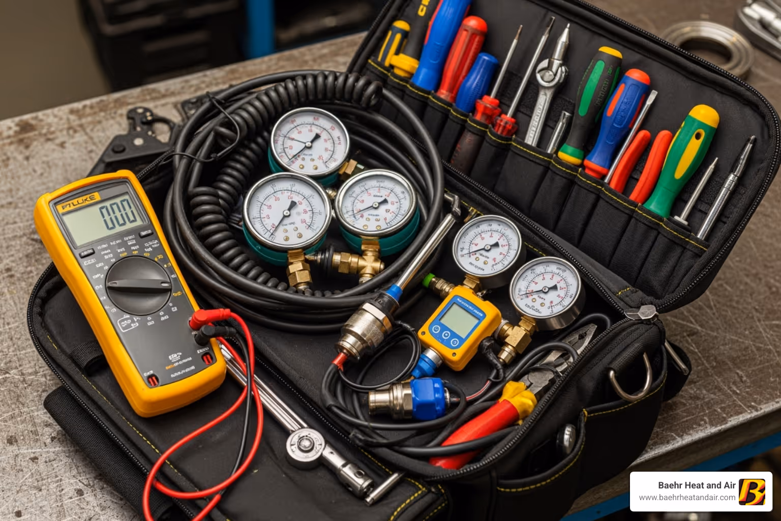 Technician's tool bag with various diagnostic tools - furnace repair truckee