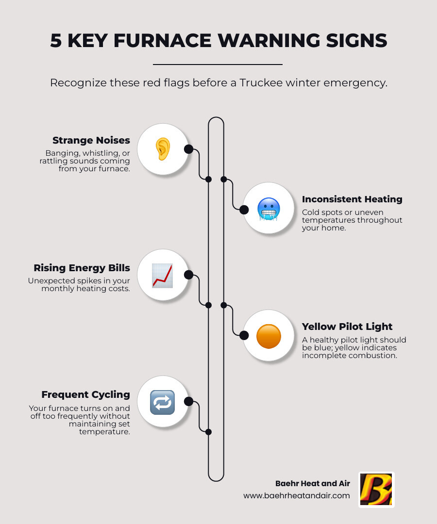 Infographic showing 5 warning signs your Truckee furnace needs repair: strange noises like banging or whistling, inconsistent heating throughout your home, unexplained increases in energy bills, yellow pilot light instead of blue, and frequent on-off cycling - furnace repair truckee infographic infographic-line-5-steps-neat_beige