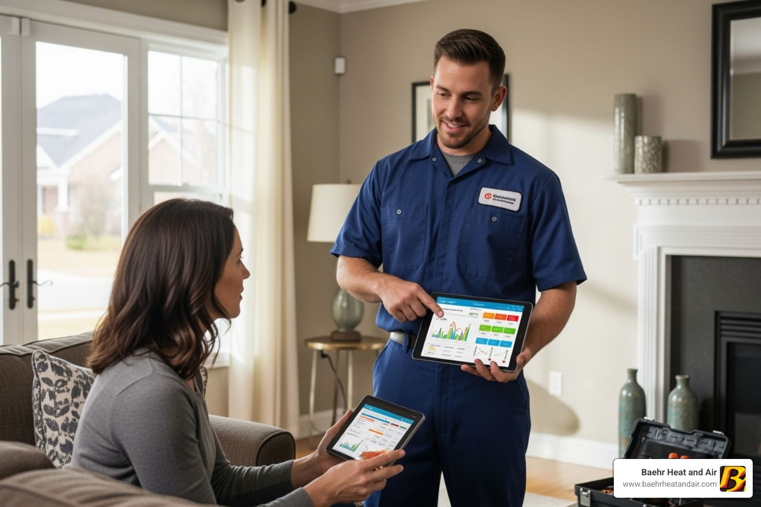A friendly, uniformed technician explaining a diagnostic report to a homeowner - air con lincoln