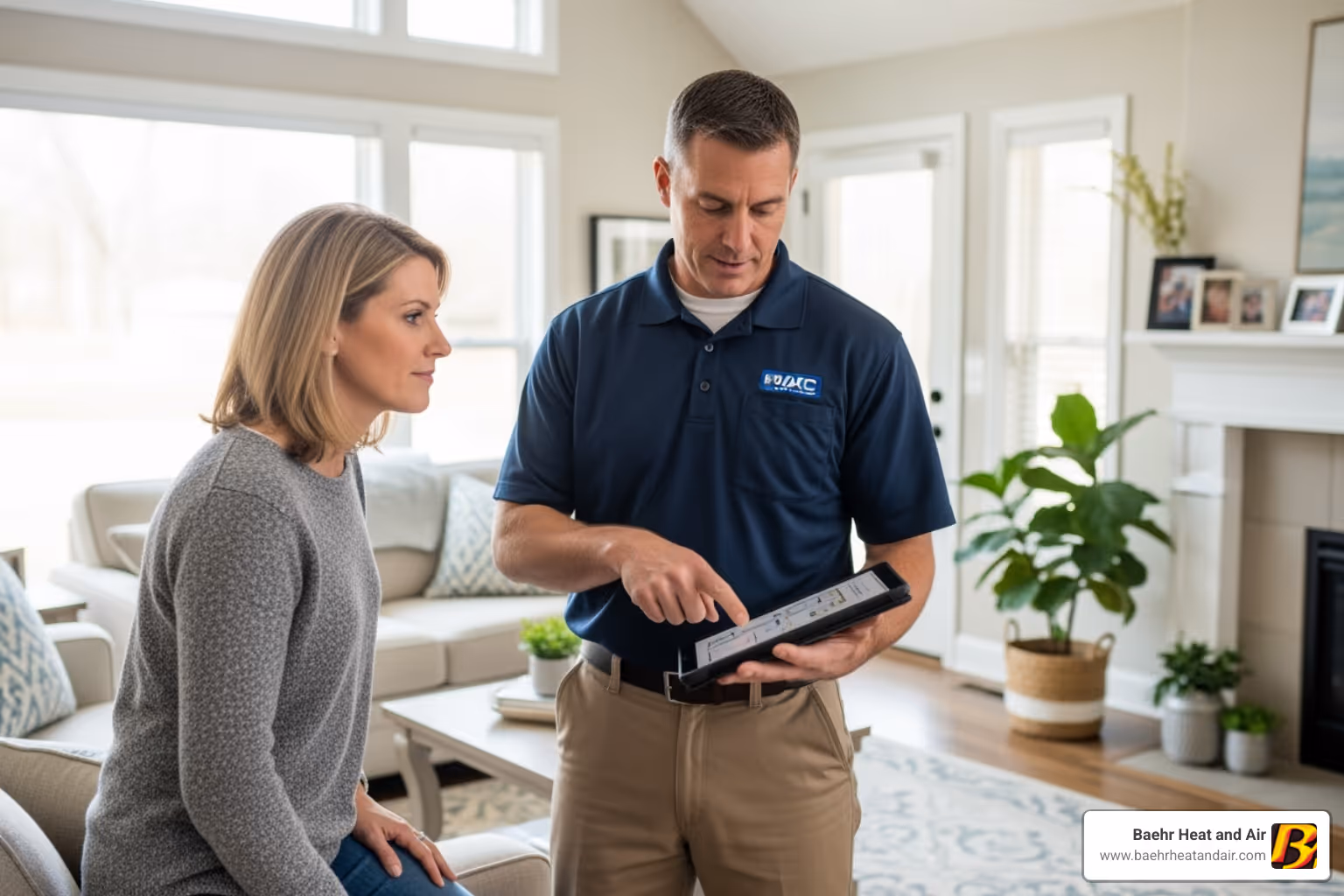 HVAC technician consulting homeowner - heating replacement Grass Valley