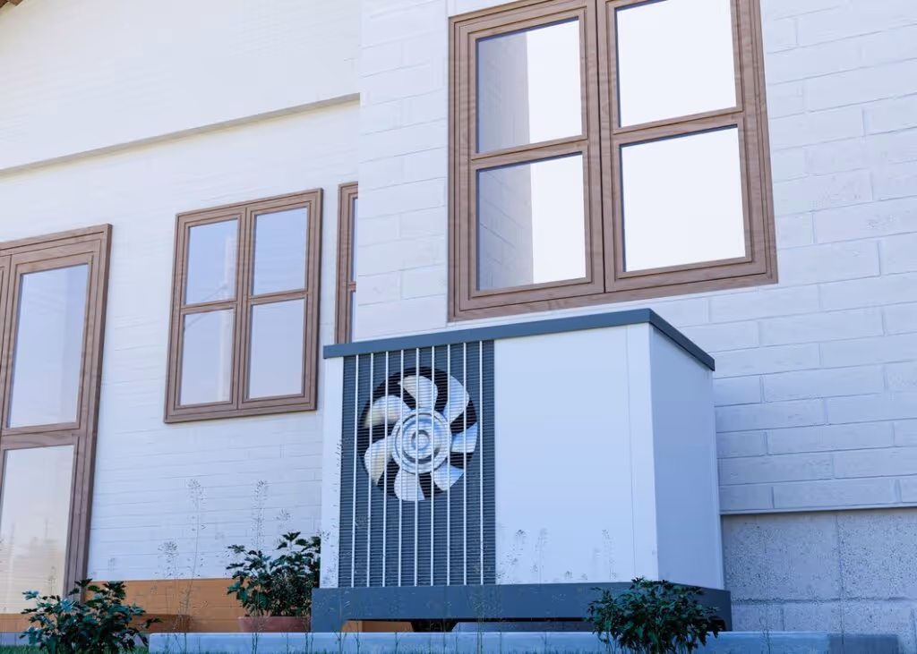 Air-source heat pump unit installed outside a residential building, showcasing energy-efficient heating and cooling solutions for homes in Auburn, CA.