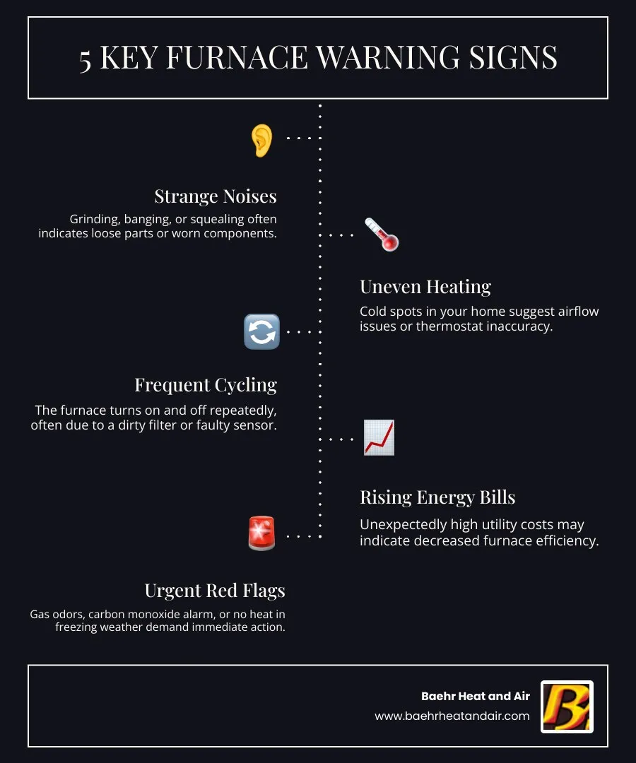 Infographic showing 5 warning signs a furnace needs repair: unusual noises like grinding or banging, uneven heating throughout the home, frequent on-off cycling, rising energy bills, and emergency signs like gas odors or yellow pilot light flames - furnaces repair auburn infographic infographic-line-5-steps-dark