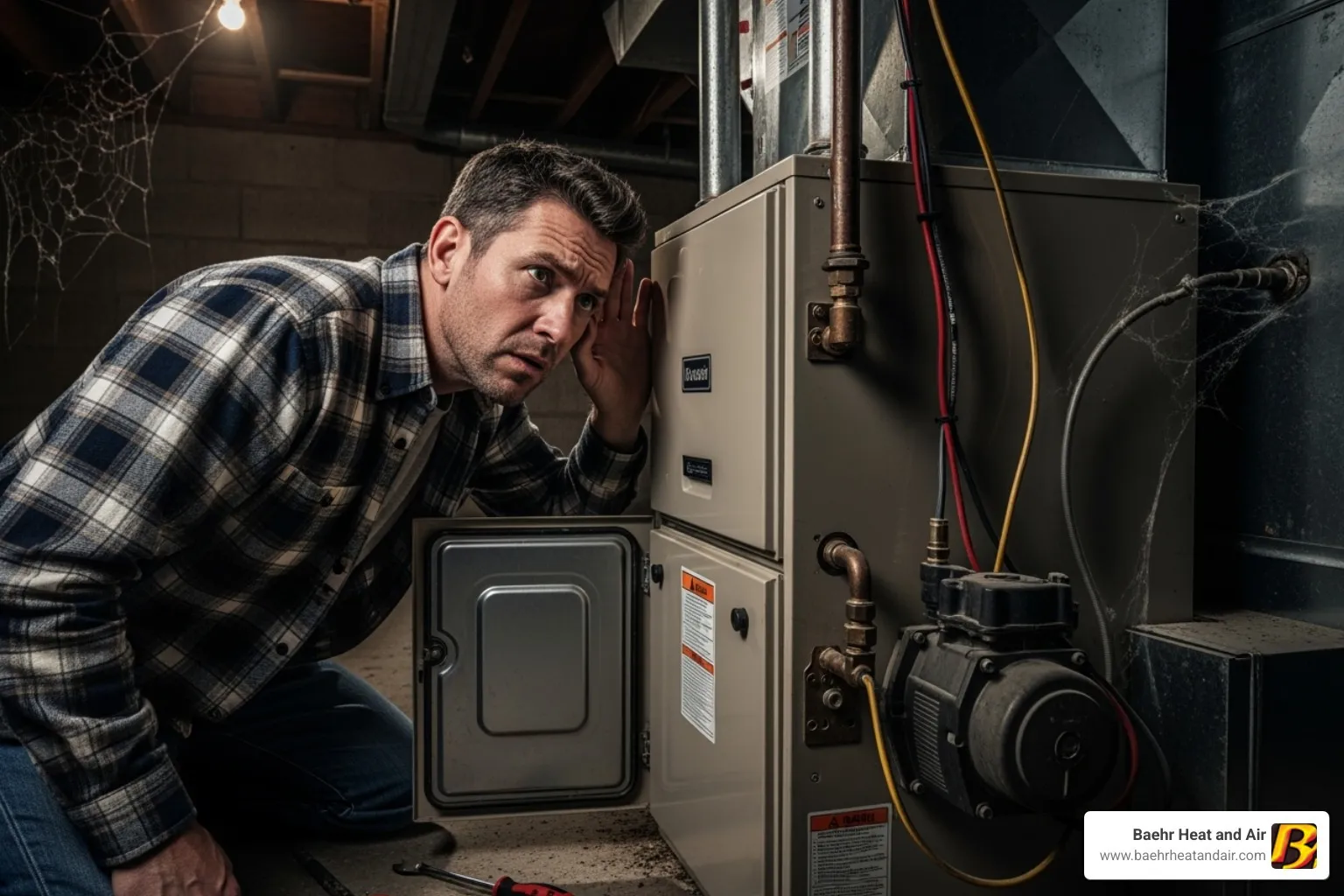 a homeowner listening to a noisy furnace unit - furnaces repair auburn