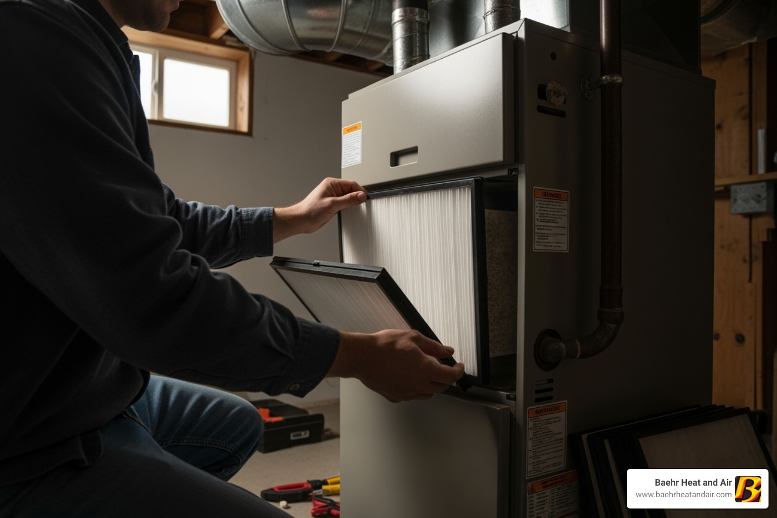 a homeowner replacing a furnace air filter - furnaces repair auburn