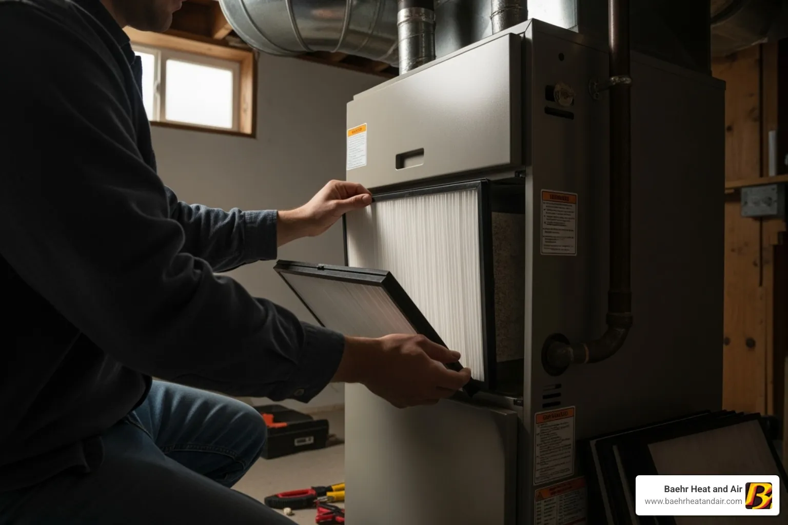 a homeowner replacing a furnace air filter - furnaces repair auburn