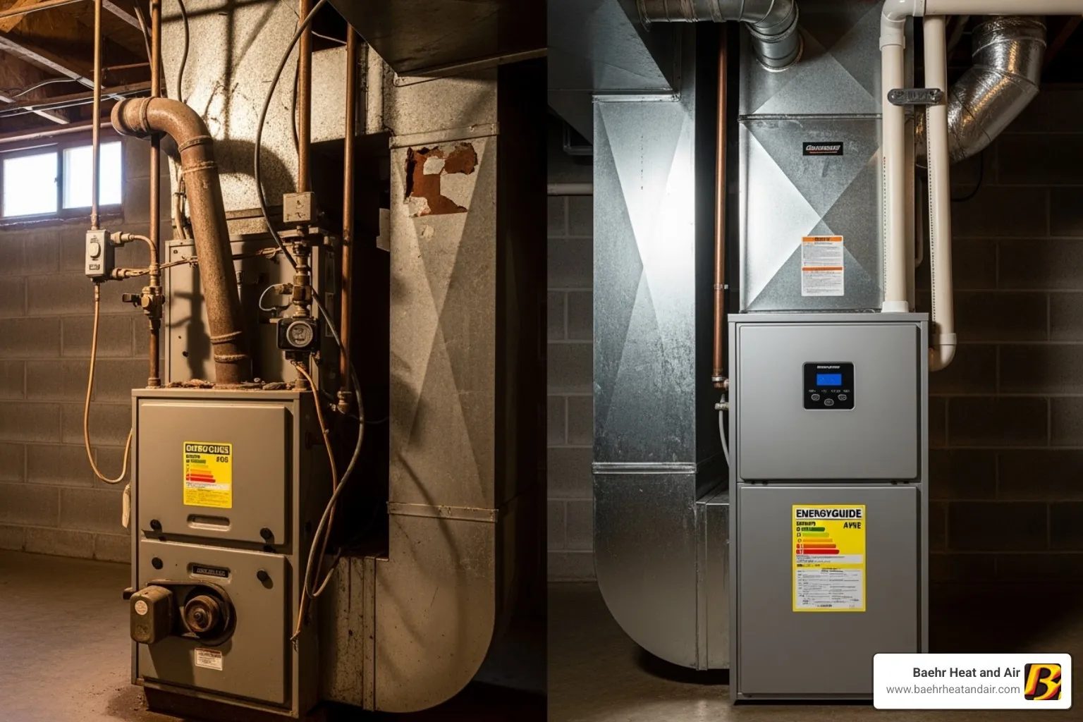 an old, inefficient furnace next to a modern, high-efficiency unit - furnaces repair auburn