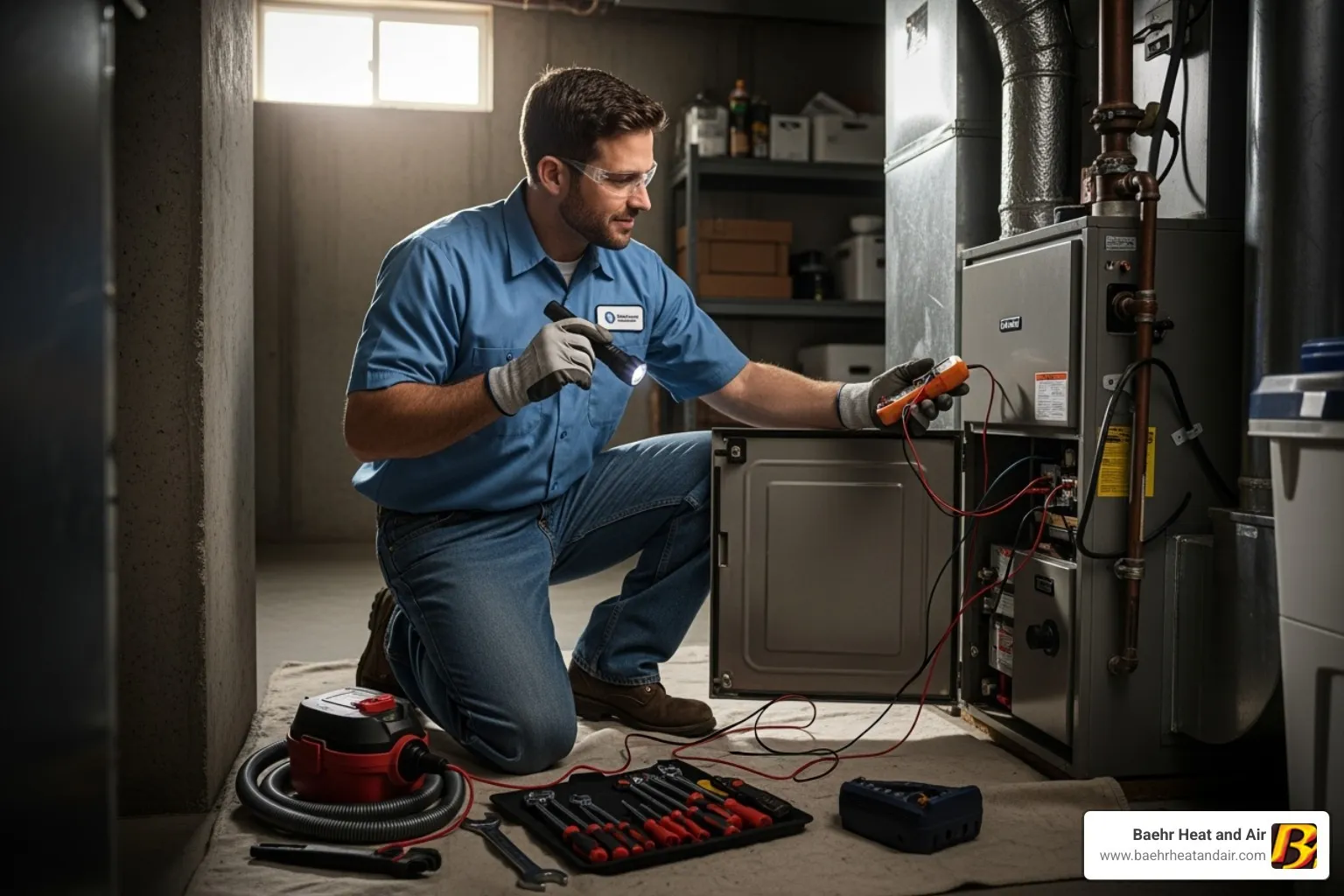 a professional, friendly technician inspecting a furnace - furnaces repair auburn