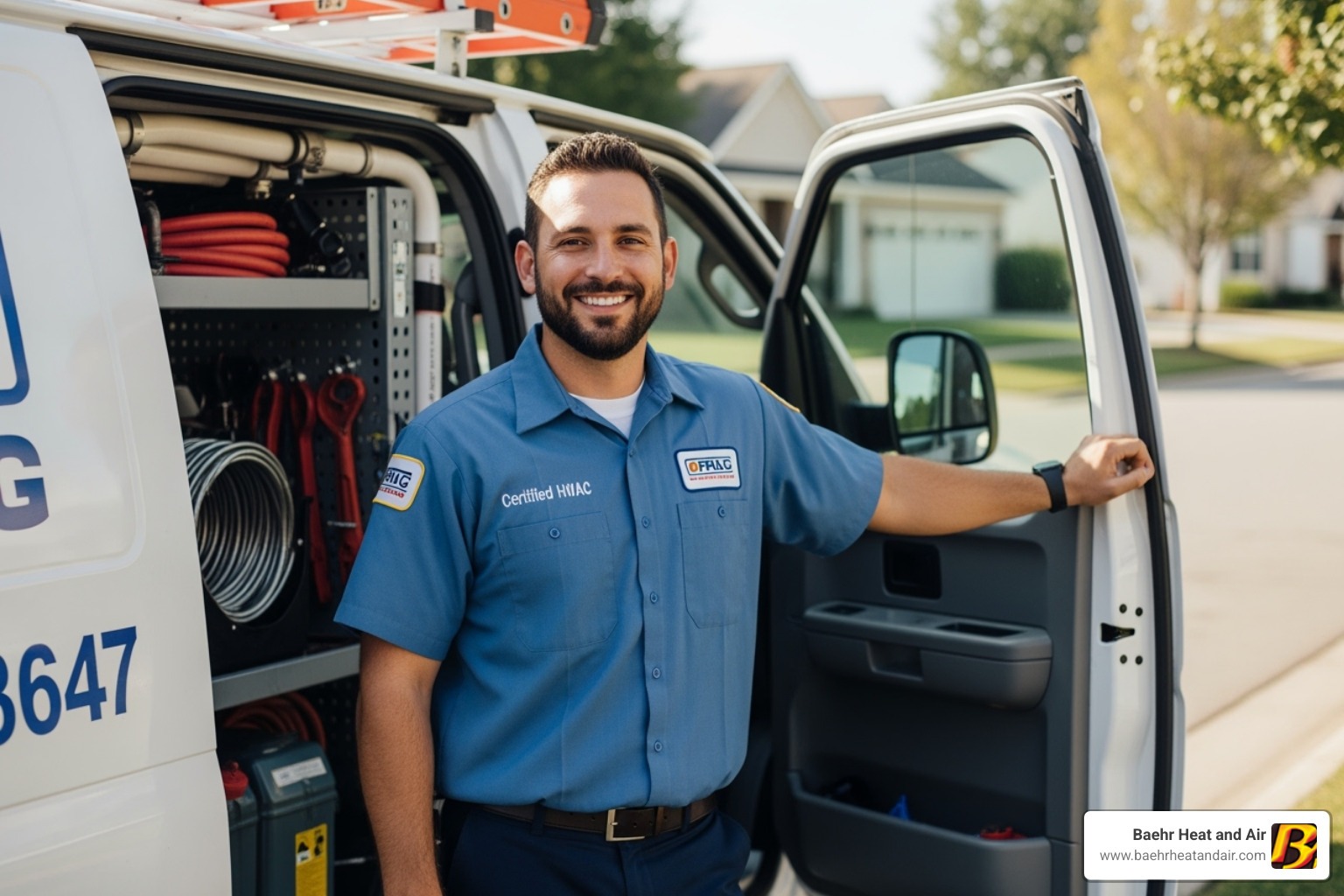 friendly, certified HVAC technician next to service van - hvac services auburn